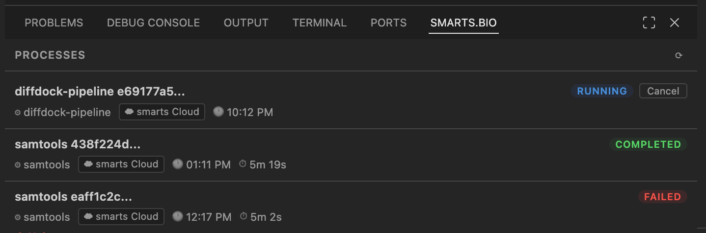 Processes panel tracking multiple pipeline runs
